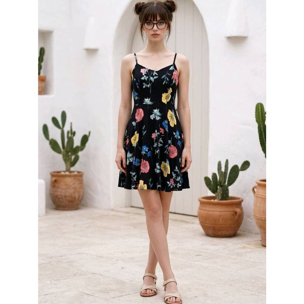 🔺️Old Navy Black Floral Print Spaghetti Strap Dress Small